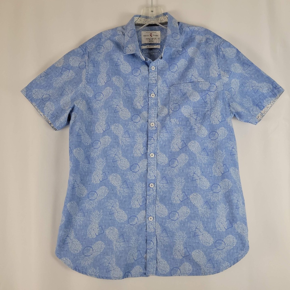 Denim & Flower Mens Pineapple Print Short Sleeve Button Down Shirt Blue L